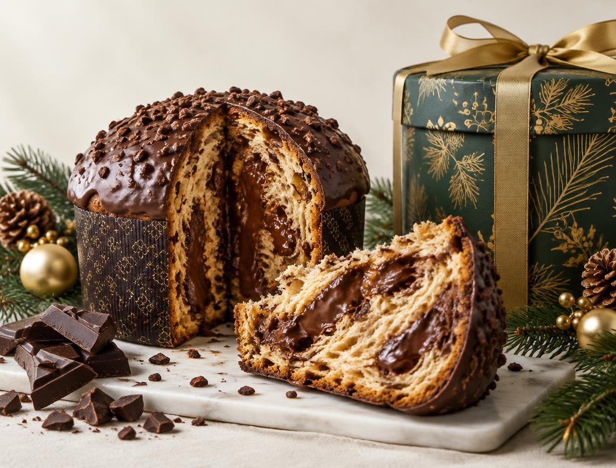 Chocotone de chocolate cortado com recheio visível